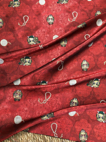 Chinese Lion Dance Fabric, Red Gold Jacquard Fabric by Yard, Lunar New Year Textile, Traditional Chinese Sewing Material, Qipao Fabric, 59"