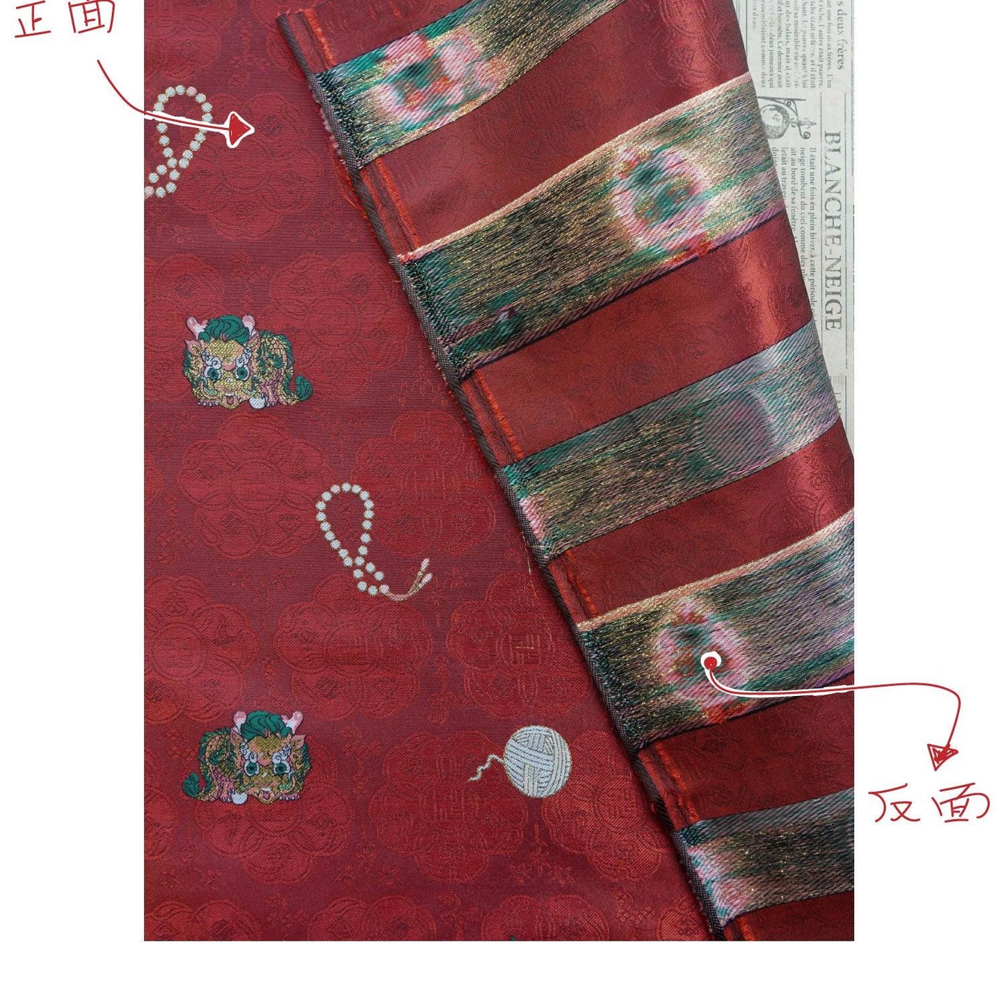Chinese Lion Dance Fabric, Red Gold Jacquard Fabric by Yard, Lunar New Year Textile, Traditional Chinese Sewing Material, Qipao Fabric, 59"