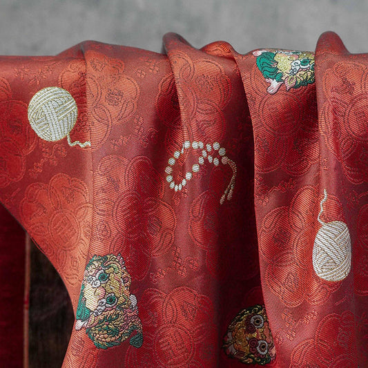Chinese Lion Dance Fabric, Red Gold Jacquard Fabric by Yard, Lunar New Year Textile, Traditional Chinese Sewing Material, Qipao Fabric, 59"