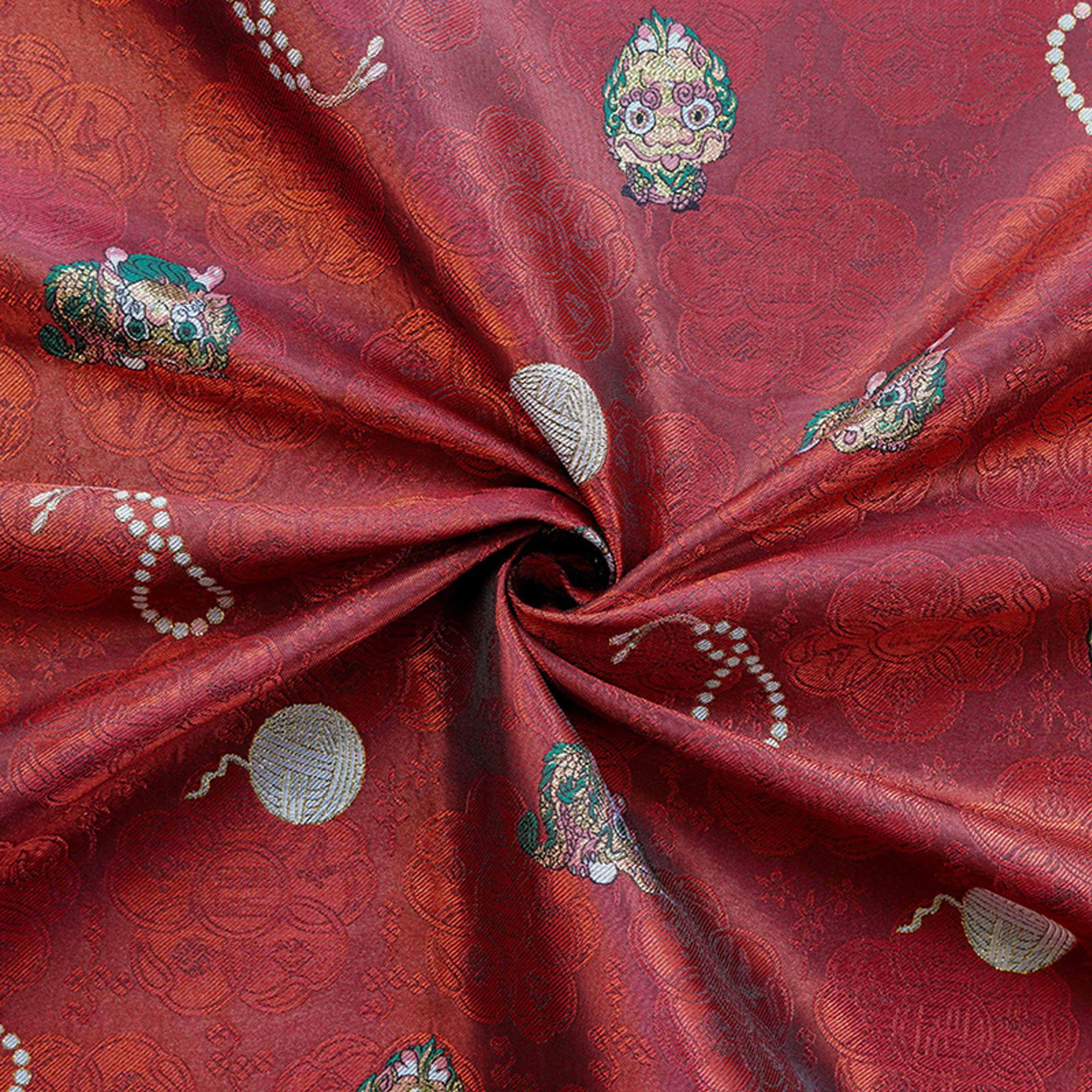Chinese Lion Dance Fabric, Red Gold Jacquard Fabric by Yard, Lunar New Year Textile, Traditional Chinese Sewing Material, Qipao Fabric, 59"