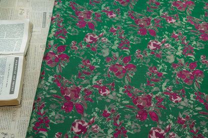 Green Floral Fabric by Yard, French Vintage Jacquard Textile, Pink Flower Dress Fabric for Sewing Crafts Home Decor, 65"Wide