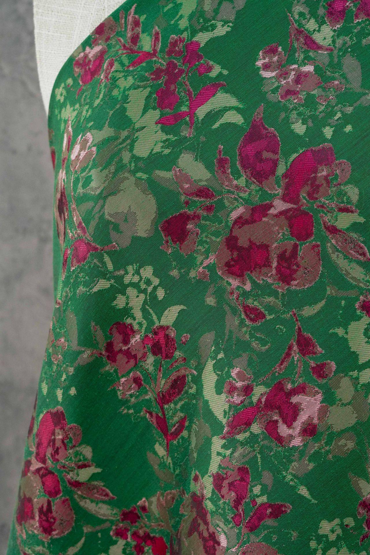 Green Floral Fabric by Yard, French Vintage Jacquard Textile, Pink Flower Dress Fabric for Sewing Crafts Home Decor, 65"Wide