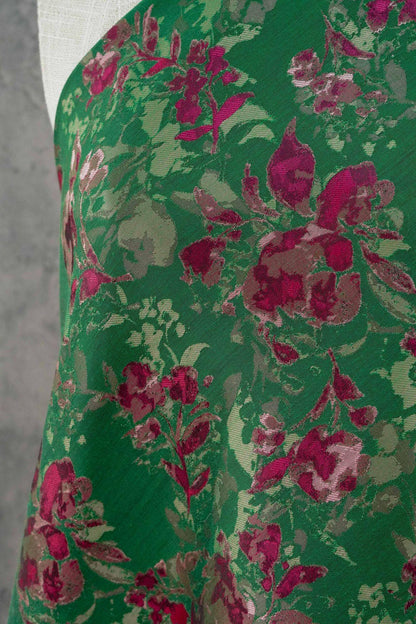 Green Floral Fabric by Yard, French Vintage Jacquard Textile, Pink Flower Dress Fabric for Sewing Crafts Home Decor, 65"Wide