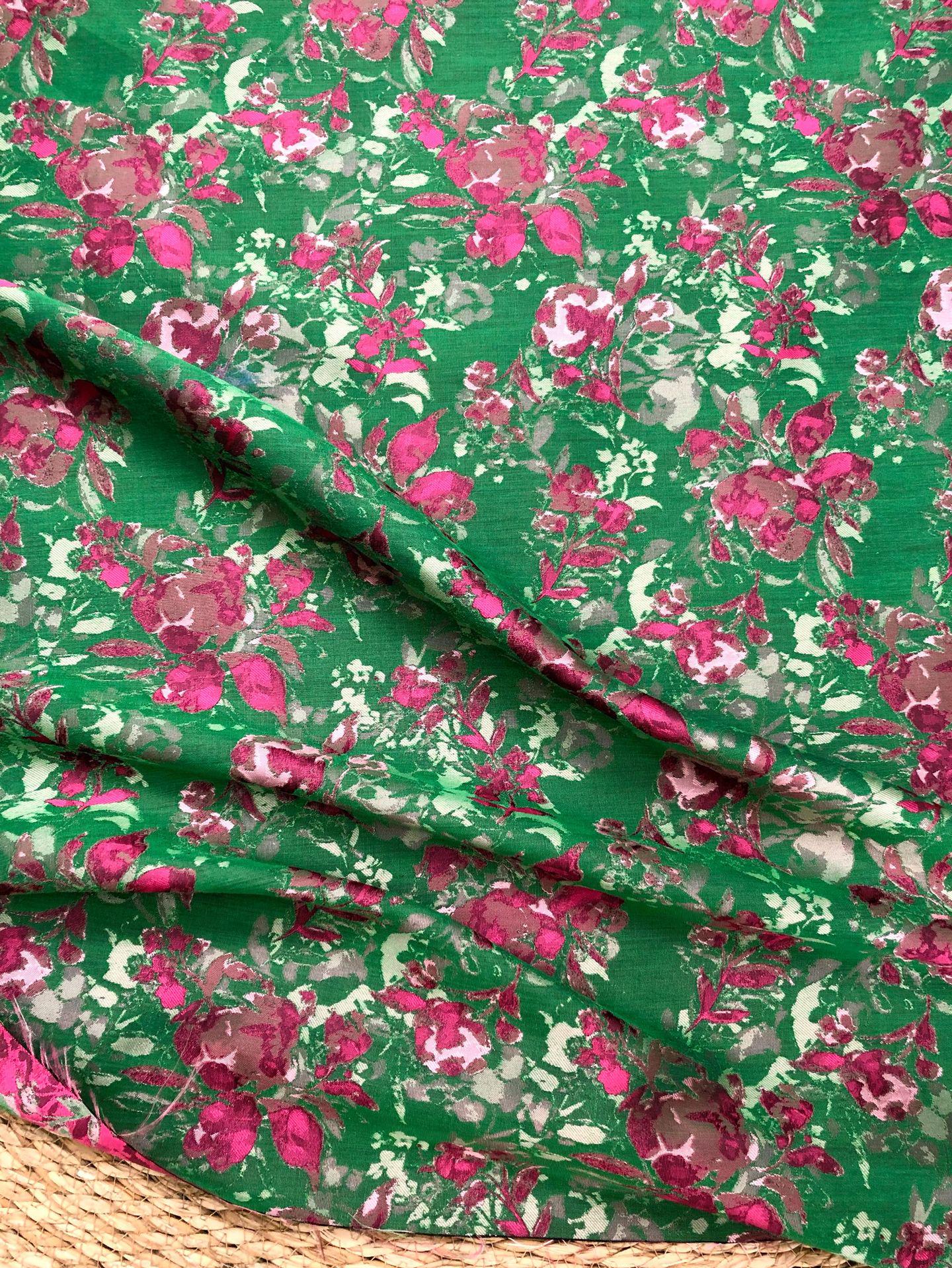 Green Floral Fabric by Yard, French Vintage Jacquard Textile, Pink Flower Dress Fabric for Sewing Crafts Home Decor, 65"Wide