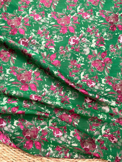 Green Floral Fabric by Yard, French Vintage Jacquard Textile, Pink Flower Dress Fabric for Sewing Crafts Home Decor, 65"Wide