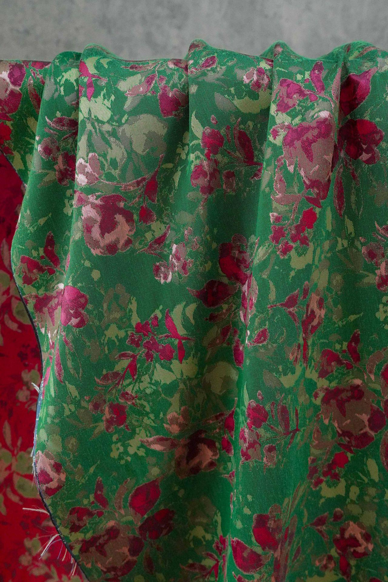 Green Floral Fabric by Yard, French Vintage Jacquard Textile, Pink Flower Dress Fabric for Sewing Crafts Home Decor, 65"Wide