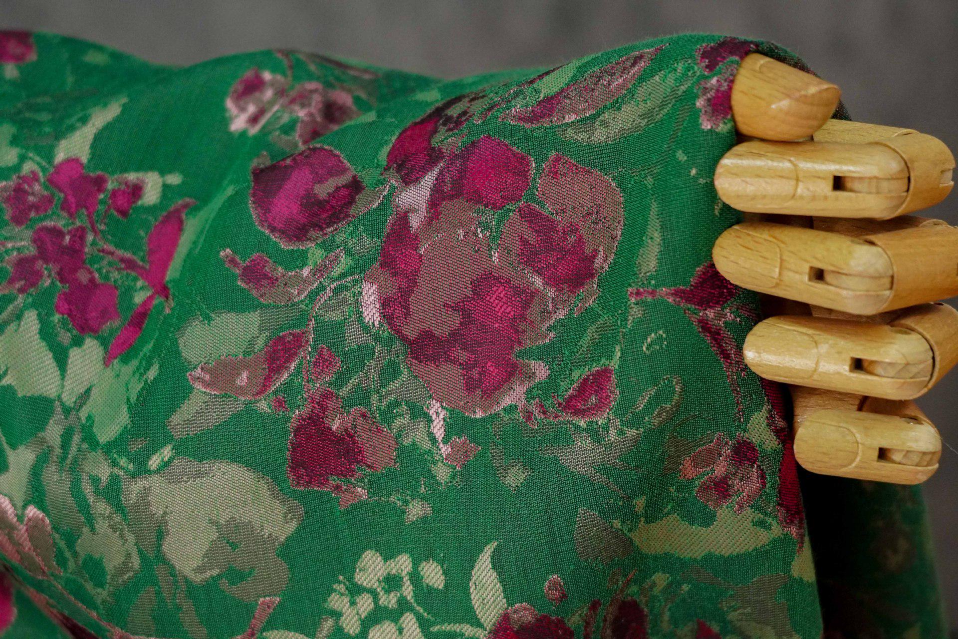 Green Floral Fabric by Yard, French Vintage Jacquard Textile, Pink Flower Dress Fabric for Sewing Crafts Home Decor, 65"Wide