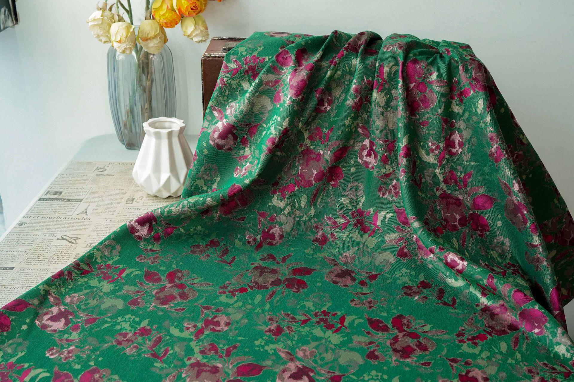 Green Floral Fabric by Yard, French Vintage Jacquard Textile, Pink Flower Dress Fabric for Sewing Crafts Home Decor, 65"Wide