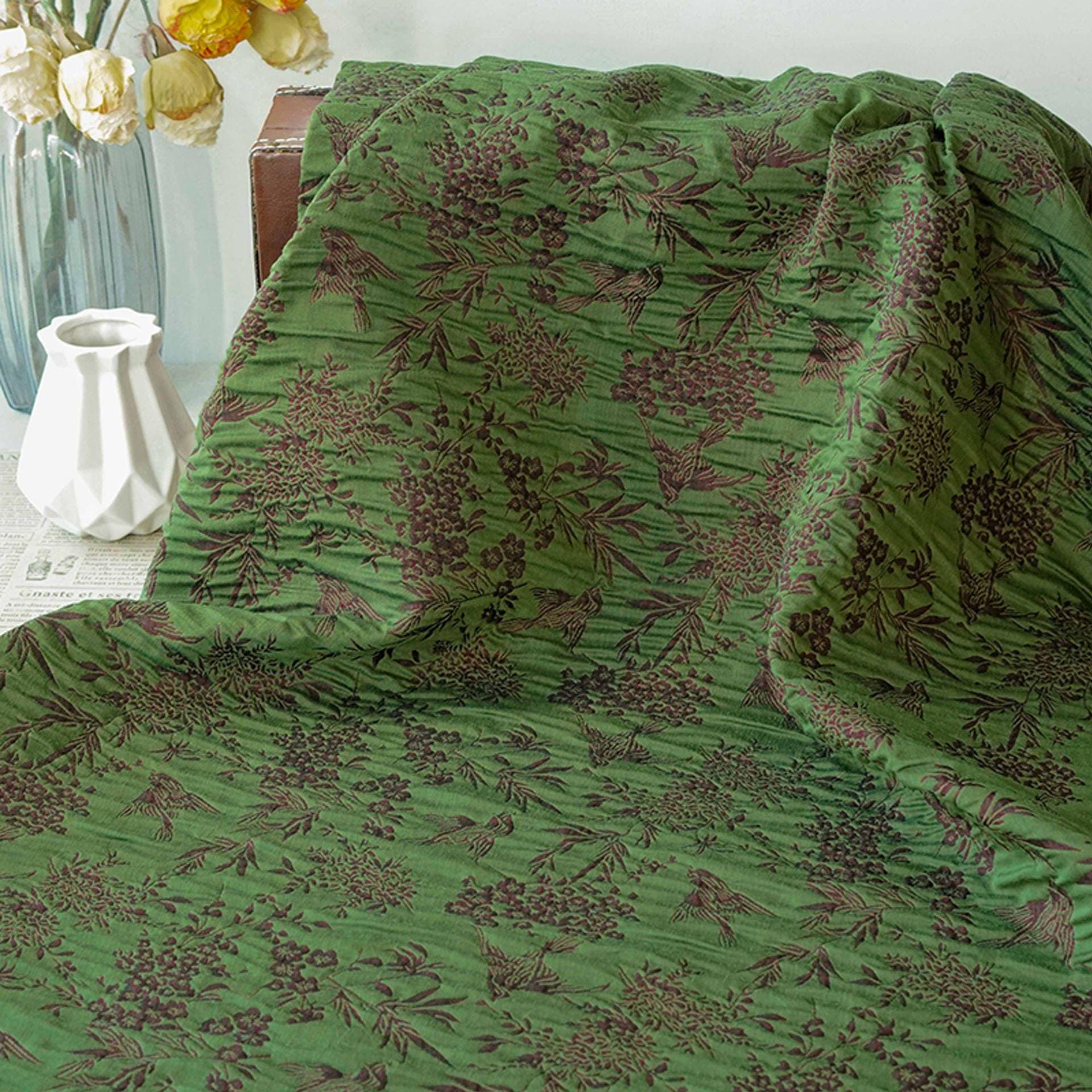 Green Jacquard Fabric, Bird Floral Brocade Fabric by Yard, Double Sided Woven Textile, Chinese Style Sewing Material, Luxury Vintage Fabric