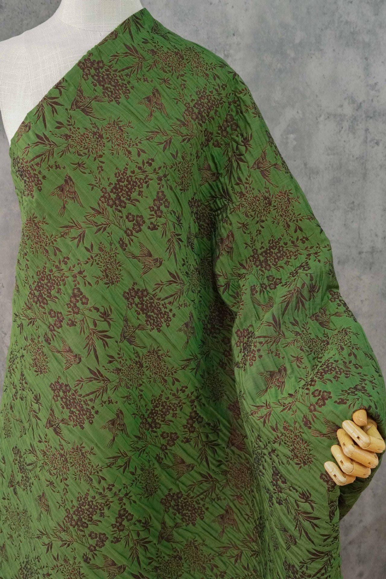 Green Jacquard Fabric, Bird Floral Brocade Fabric by Yard, Double Sided Woven Textile, Chinese Style Sewing Material, Luxury Vintage Fabric