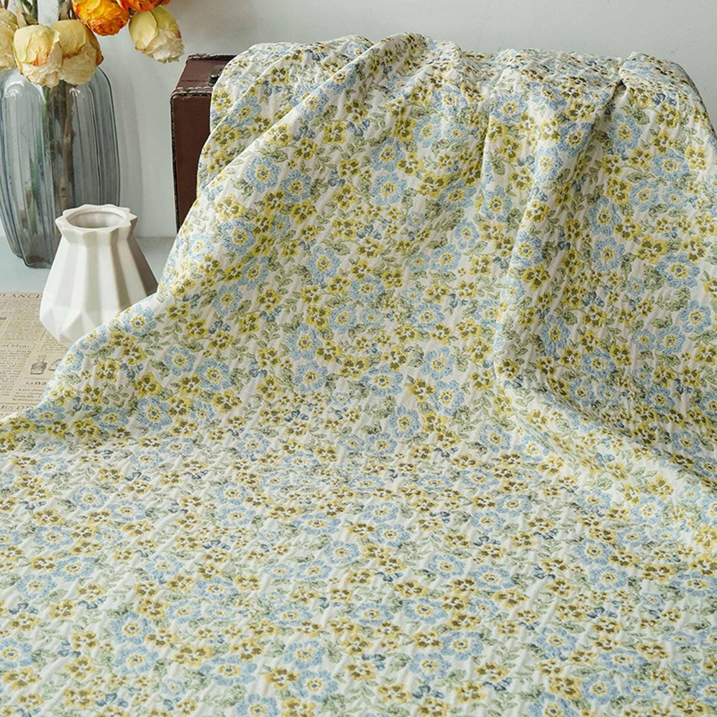 Light Floral Jacquard Fabric by Yard, Yellow Blue Vintage Flower Textile, Soft Cottagecore Fabric for Dresses Quilting Crafts, 63"Wide