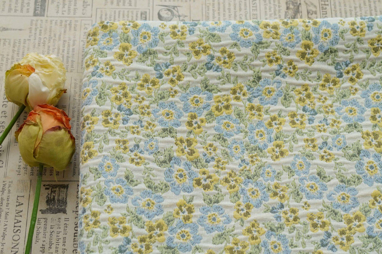 Light Floral Jacquard Fabric by Yard, Yellow Blue Vintage Flower Textile, Soft Cottagecore Fabric for Dresses Quilting Crafts, 63"Wide