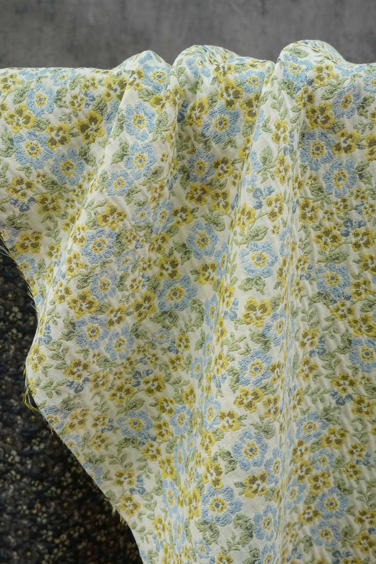 Light Floral Jacquard Fabric by Yard, Yellow Blue Vintage Flower Textile, Soft Cottagecore Fabric for Dresses Quilting Crafts, 63"Wide