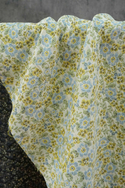 Light Floral Jacquard Fabric by Yard, Yellow Blue Vintage Flower Textile, Soft Cottagecore Fabric for Dresses Quilting Crafts, 63"Wide