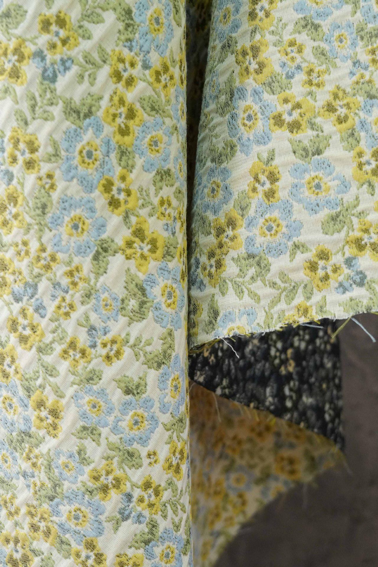 Light Floral Jacquard Fabric by Yard, Yellow Blue Vintage Flower Textile, Soft Cottagecore Fabric for Dresses Quilting Crafts, 63"Wide