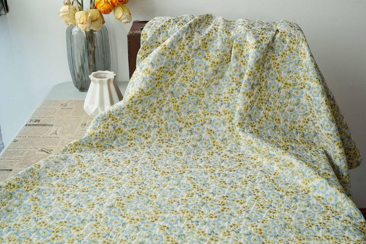 Light Floral Jacquard Fabric by Yard, Yellow Blue Vintage Flower Textile, Soft Cottagecore Fabric for Dresses Quilting Crafts, 63"Wide