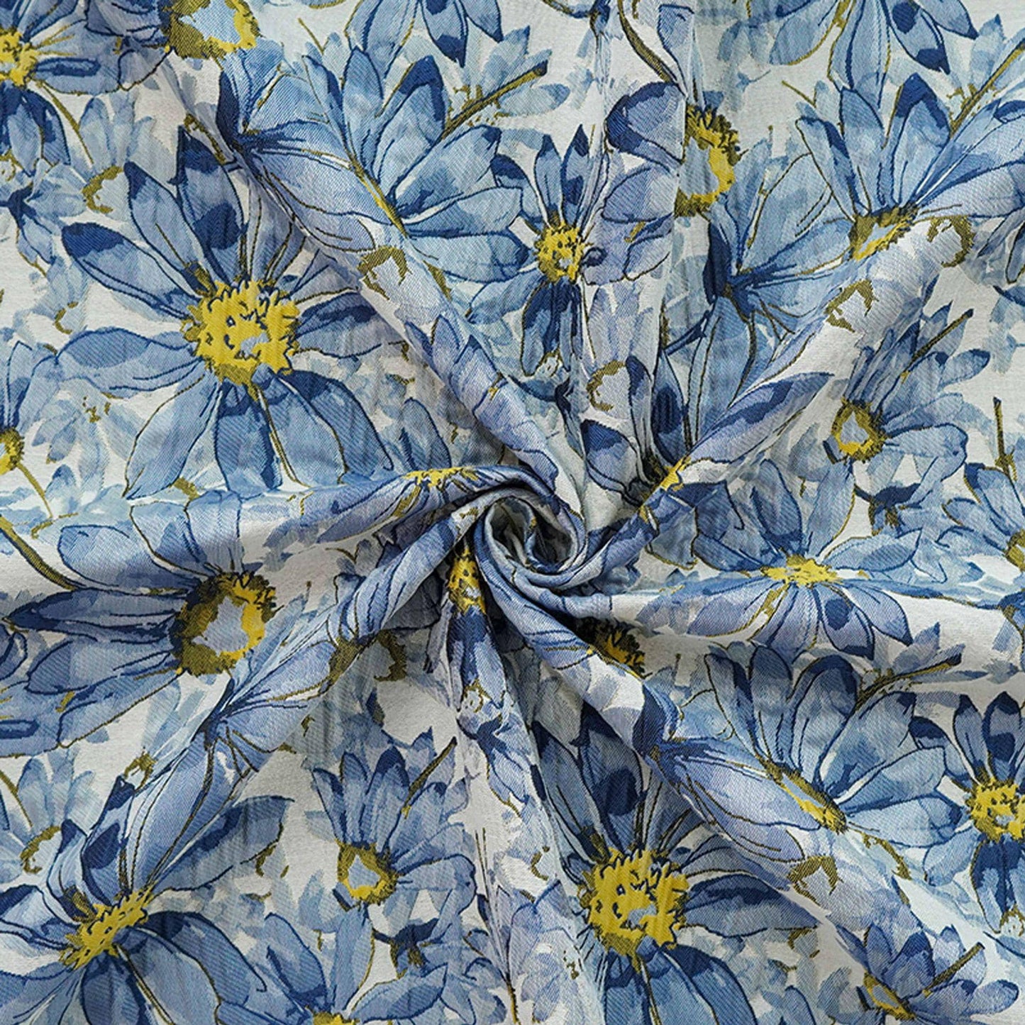 Blue Floral Jacquard Fabric by Yard, Embossed Daisy Brocade Textile, Vintage Oil Painting Style Dress Fabric for Sewing Crafts, 55"Wide