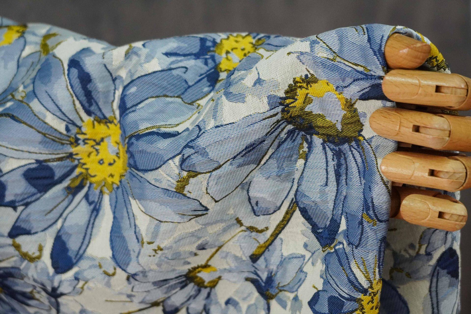 Blue Floral Jacquard Fabric by Yard, Embossed Daisy Brocade Textile, Vintage Oil Painting Style Dress Fabric for Sewing Crafts, 55"Wide