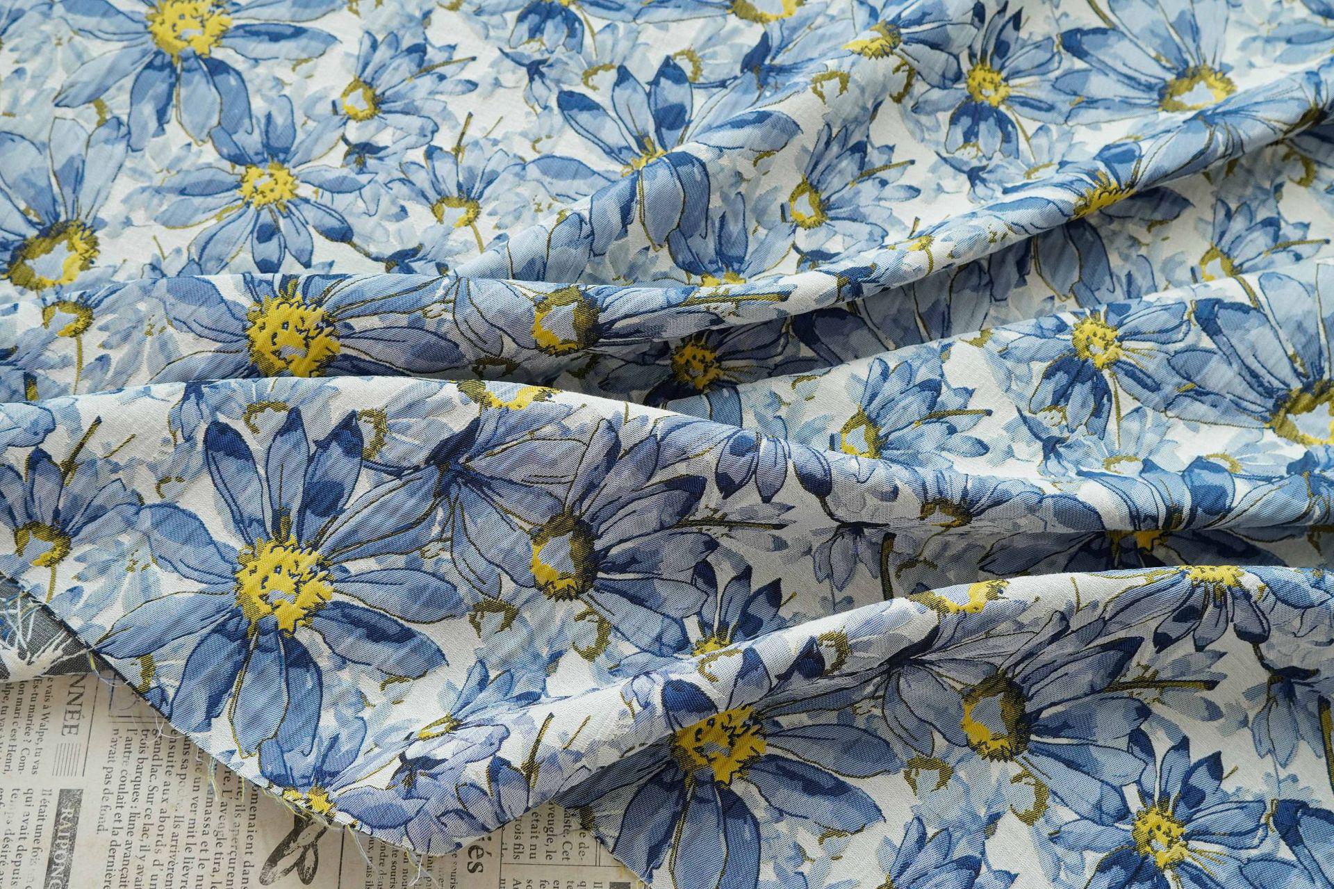 Blue Floral Jacquard Fabric by Yard, Embossed Daisy Brocade Textile, Vintage Oil Painting Style Dress Fabric for Sewing Crafts, 55"Wide