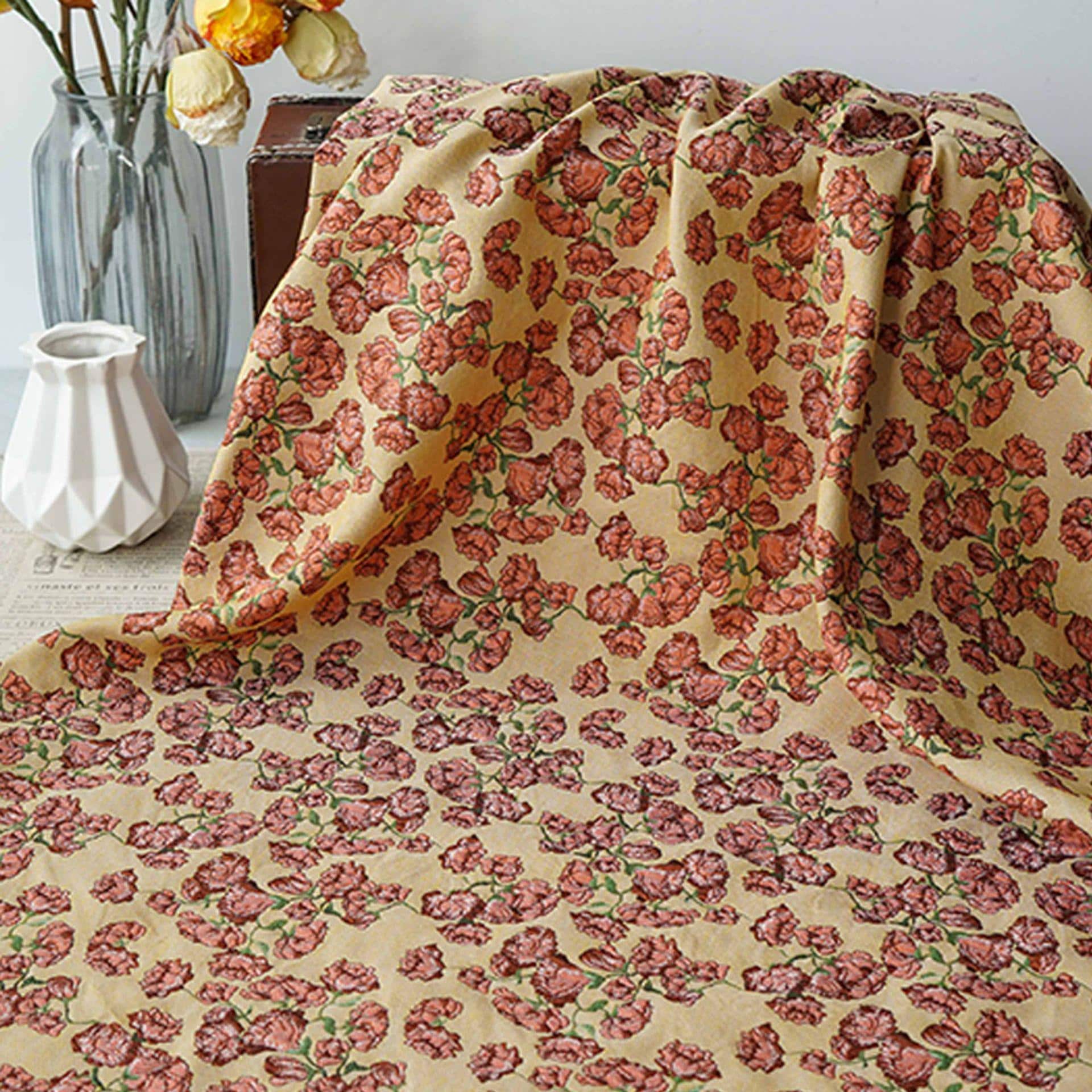 Small Floral Fabric by Yard, Yellow Cottagecore Jacquard Textile, Vintage Rose Dress Fabric for Sewing Quilting Crafts, 57"Wide