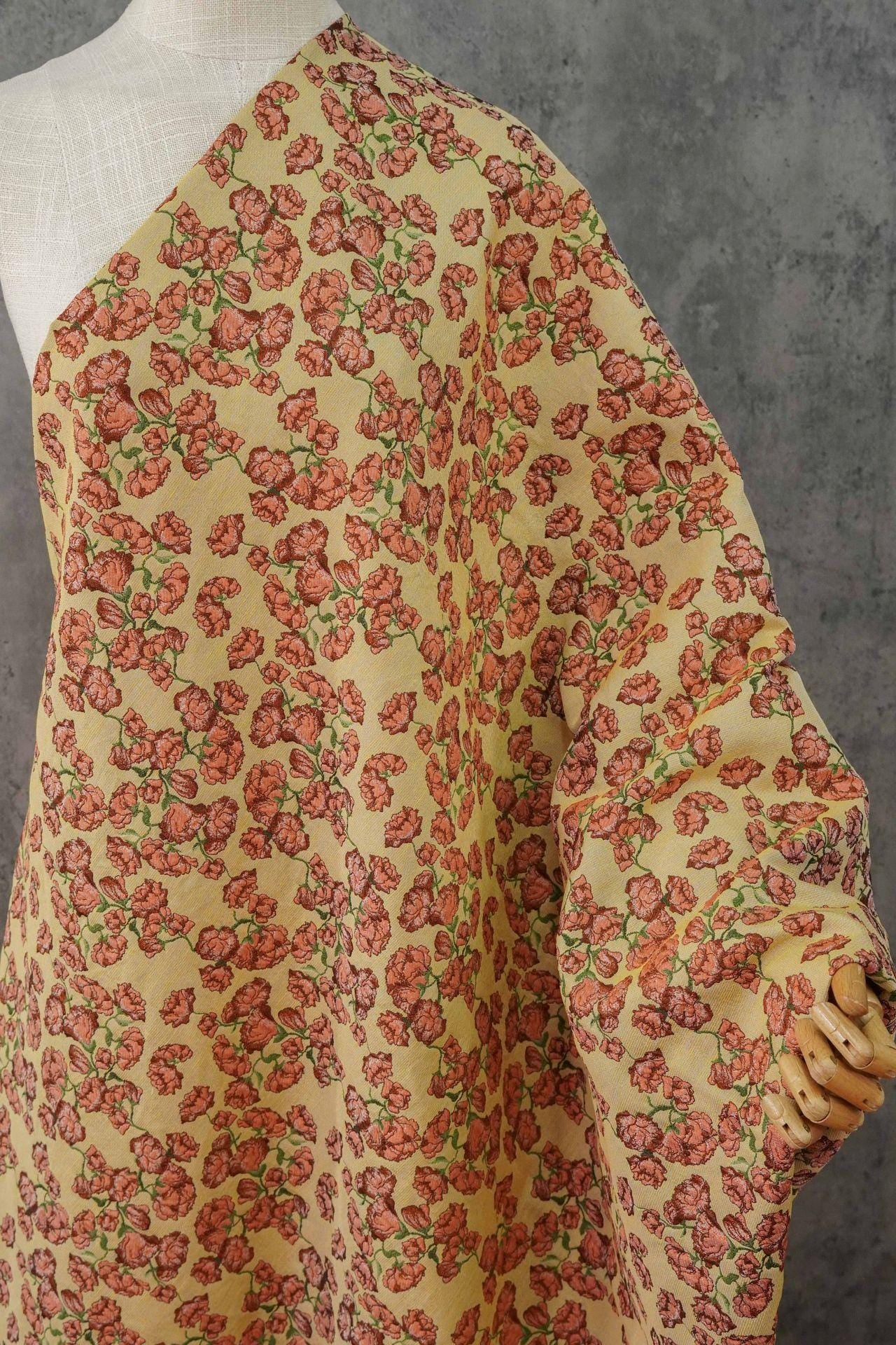 Small Floral Fabric by Yard, Yellow Cottagecore Jacquard Textile, Vintage Rose Dress Fabric for Sewing Quilting Crafts, 57"Wide