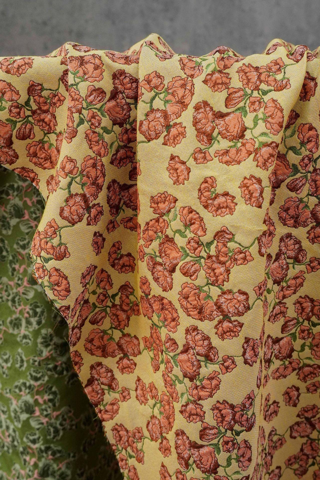 Small Floral Fabric by Yard, Yellow Cottagecore Jacquard Textile, Vintage Rose Dress Fabric for Sewing Quilting Crafts, 57"Wide