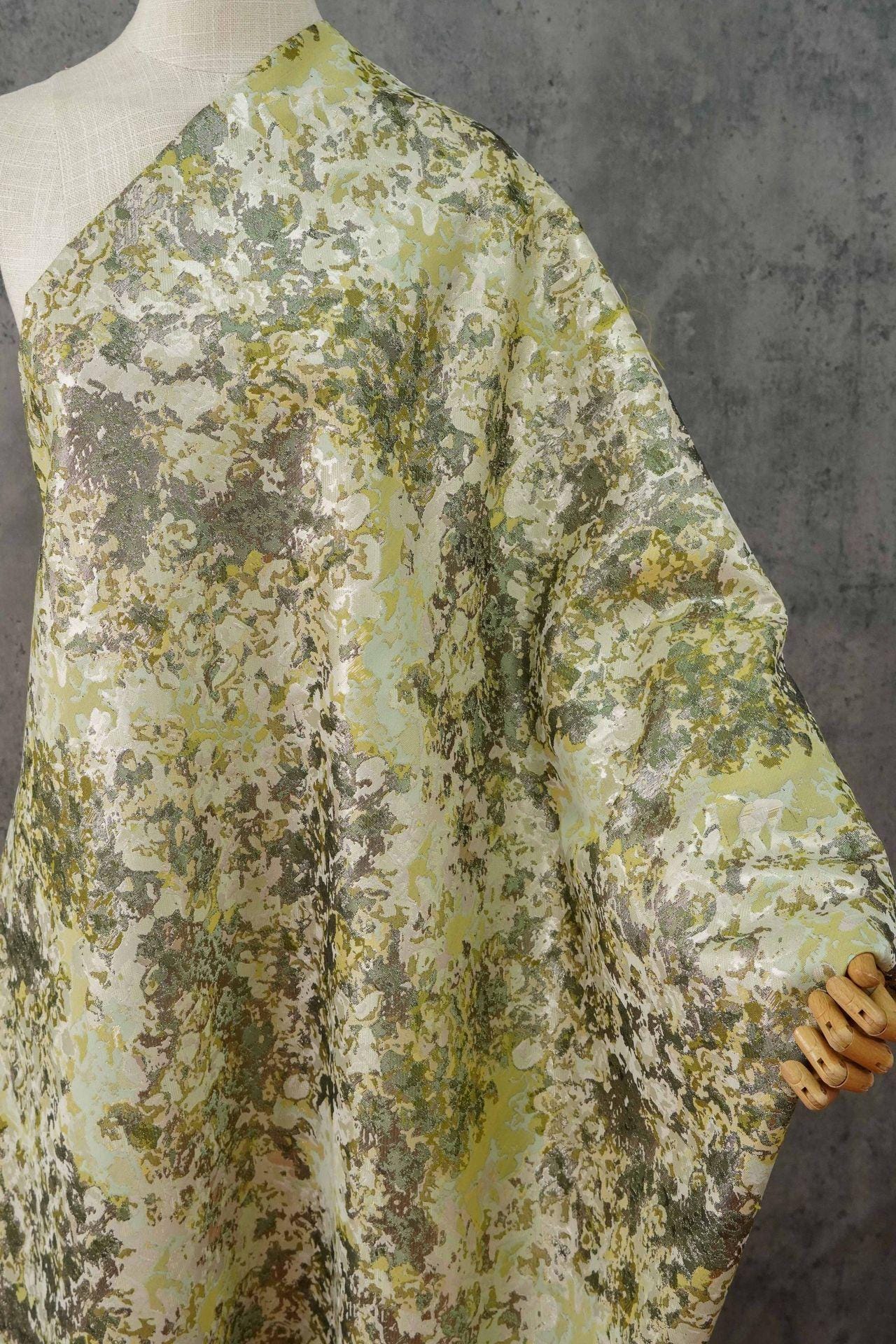 Oil Painting Floral Jacquard Fabric by the Yard: Gold Metallic Thread, Abstract Botanical Brocade, 59" Wide — Dress, Upholstery, Home Decor