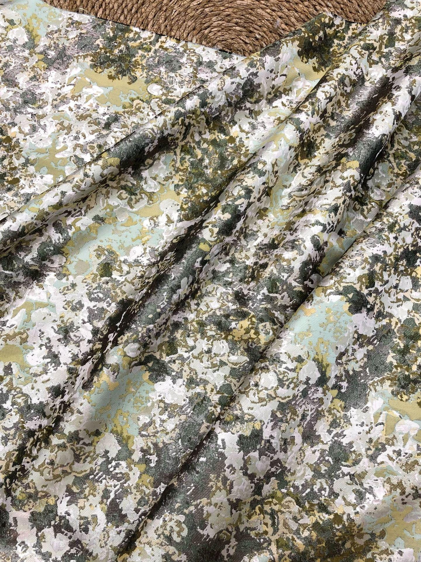Oil Painting Floral Jacquard Fabric by the Yard: Gold Metallic Thread, Abstract Botanical Brocade, 59" Wide — Dress, Upholstery, Home Decor