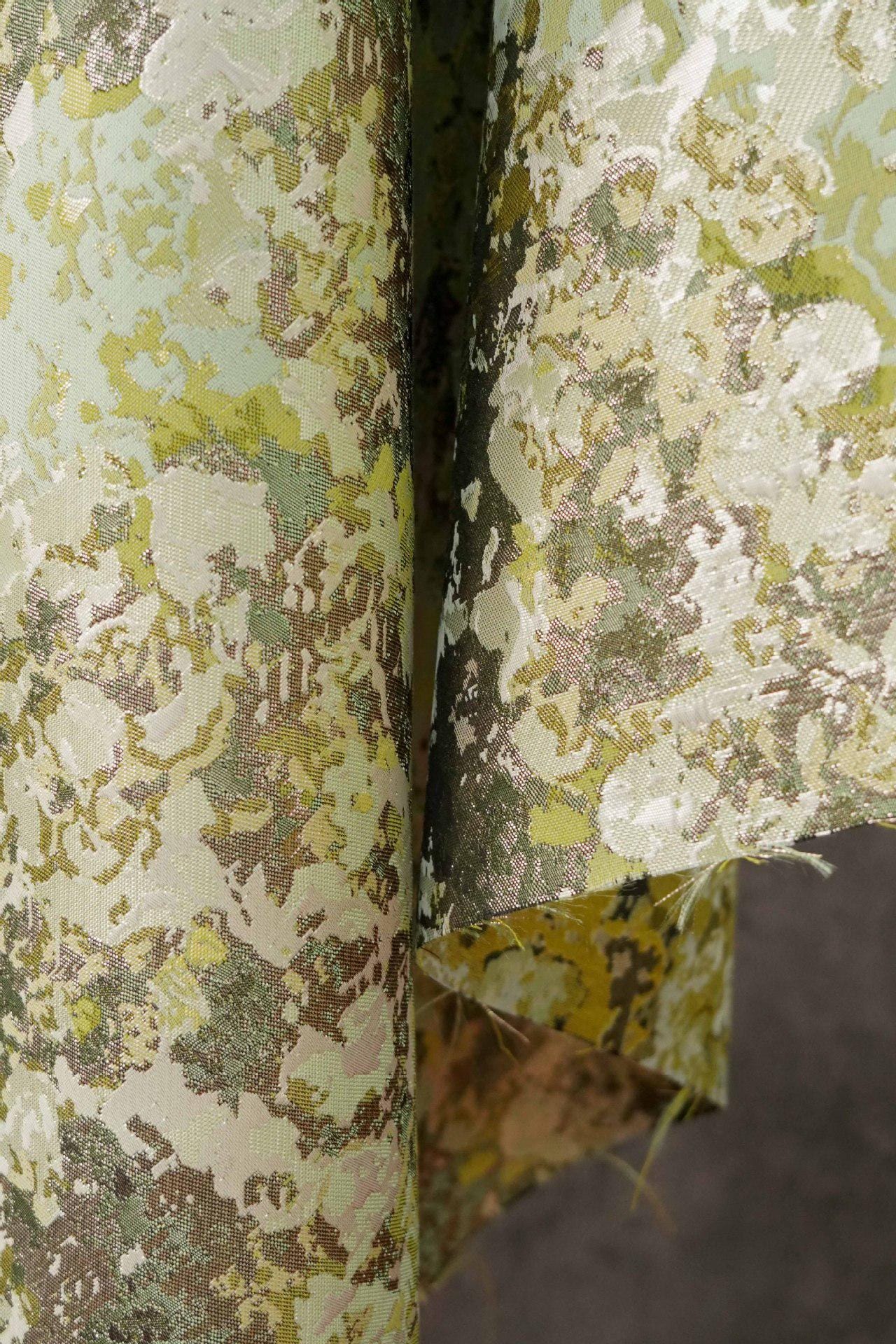 Oil Painting Floral Jacquard Fabric by the Yard: Gold Metallic Thread, Abstract Botanical Brocade, 59" Wide — Dress, Upholstery, Home Decor