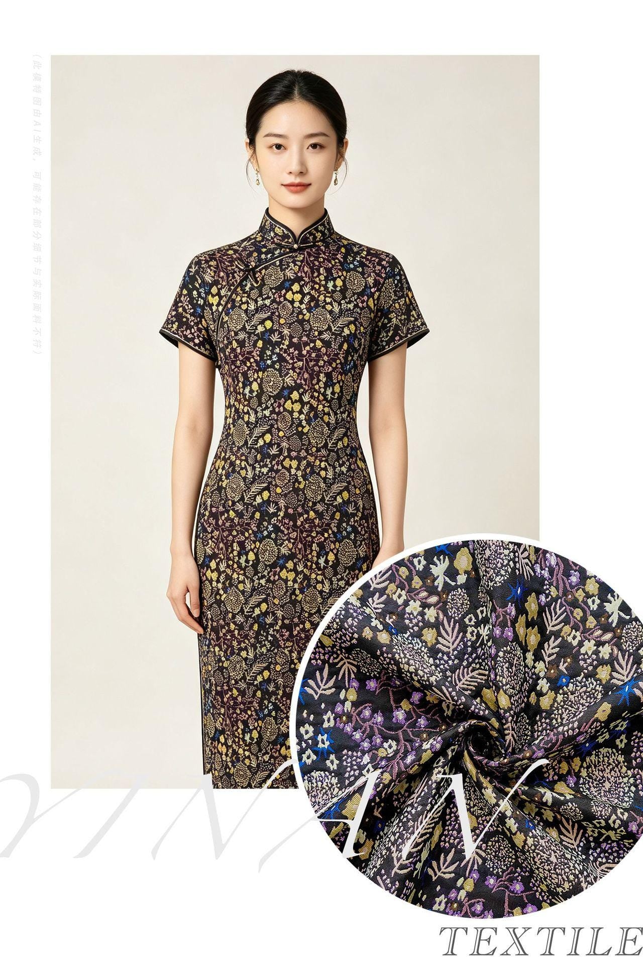 Black Floral Jacquard Fabric by the Yard: Botanical Garden, Purple Gold Multicolor Woven Brocade, 57"W Reversible, Dress, Coat, Home Decor