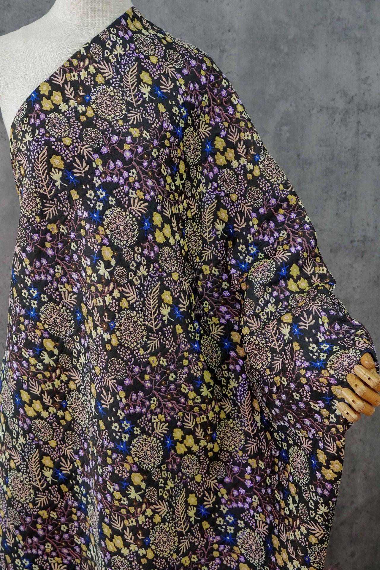 Black Floral Jacquard Fabric by the Yard: Botanical Garden, Purple Gold Multicolor Woven Brocade, 57"W Reversible, Dress, Coat, Home Decor