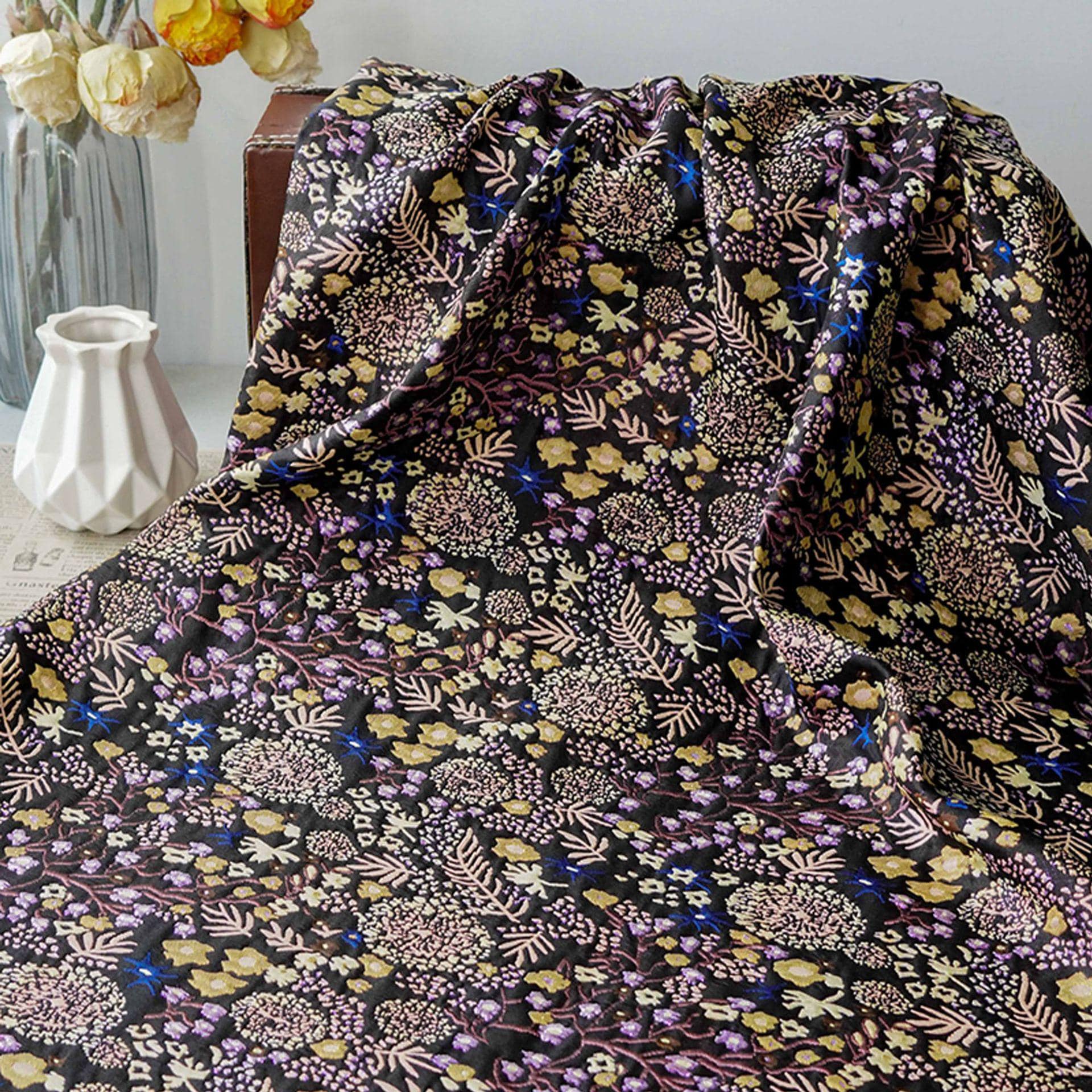 Black Floral Jacquard Fabric by the Yard: Botanical Garden, Purple Gold Multicolor Woven Brocade, 57"W Reversible, Dress, Coat, Home Decor