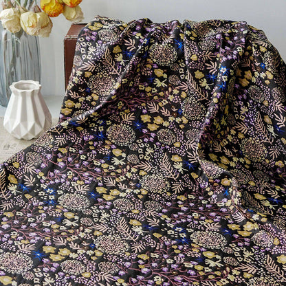 Black Floral Jacquard Fabric by the Yard: Botanical Garden, Purple Gold Multicolor Woven Brocade, 57"W Reversible, Dress, Coat, Home Decor