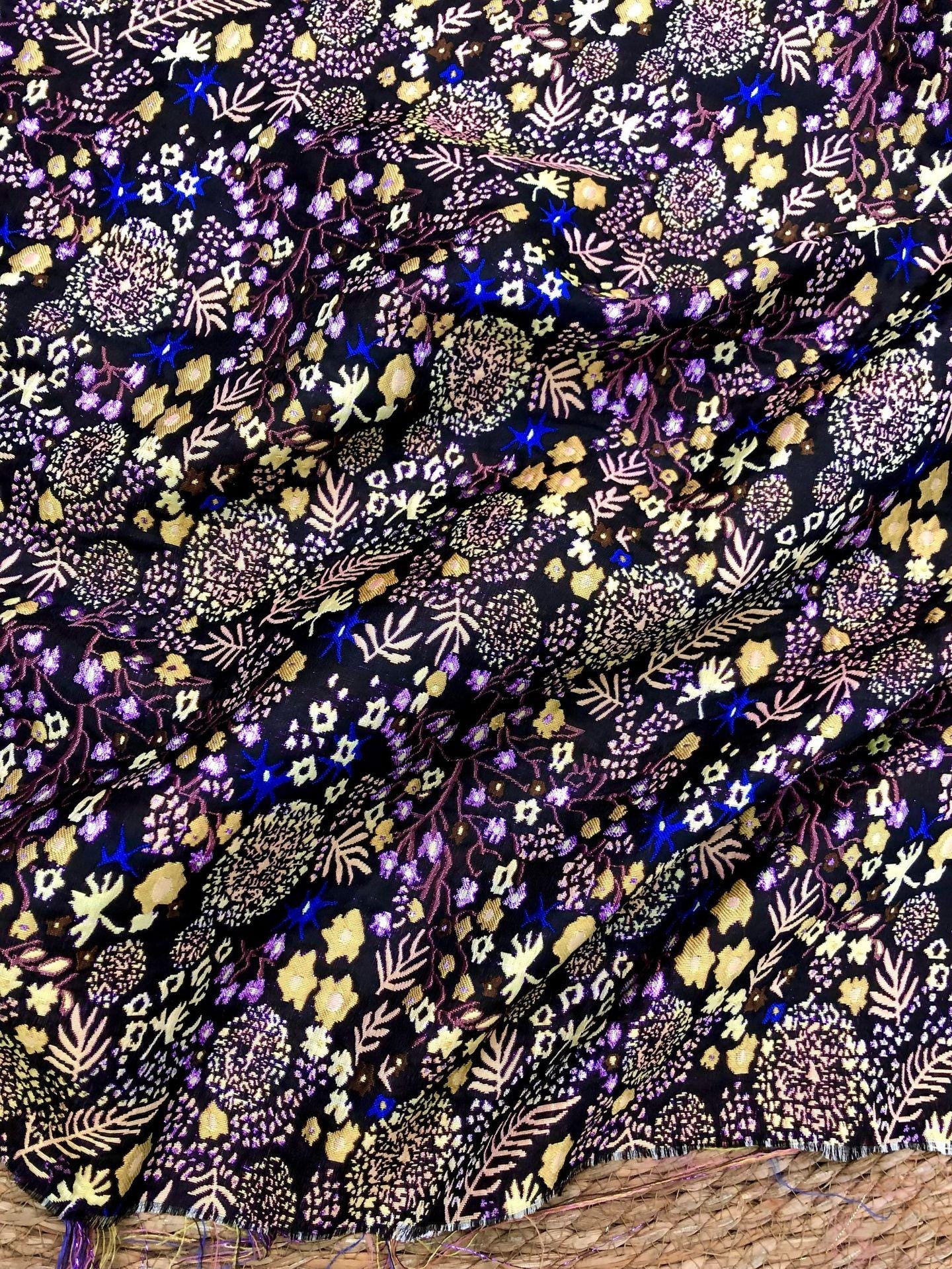 Black Floral Jacquard Fabric by the Yard: Botanical Garden, Purple Gold Multicolor Woven Brocade, 57"W Reversible, Dress, Coat, Home Decor