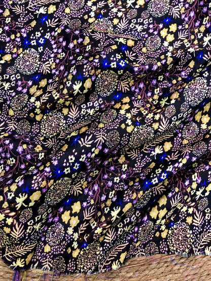 Black Floral Jacquard Fabric by the Yard: Botanical Garden, Purple Gold Multicolor Woven Brocade, 57"W Reversible, Dress, Coat, Home Decor