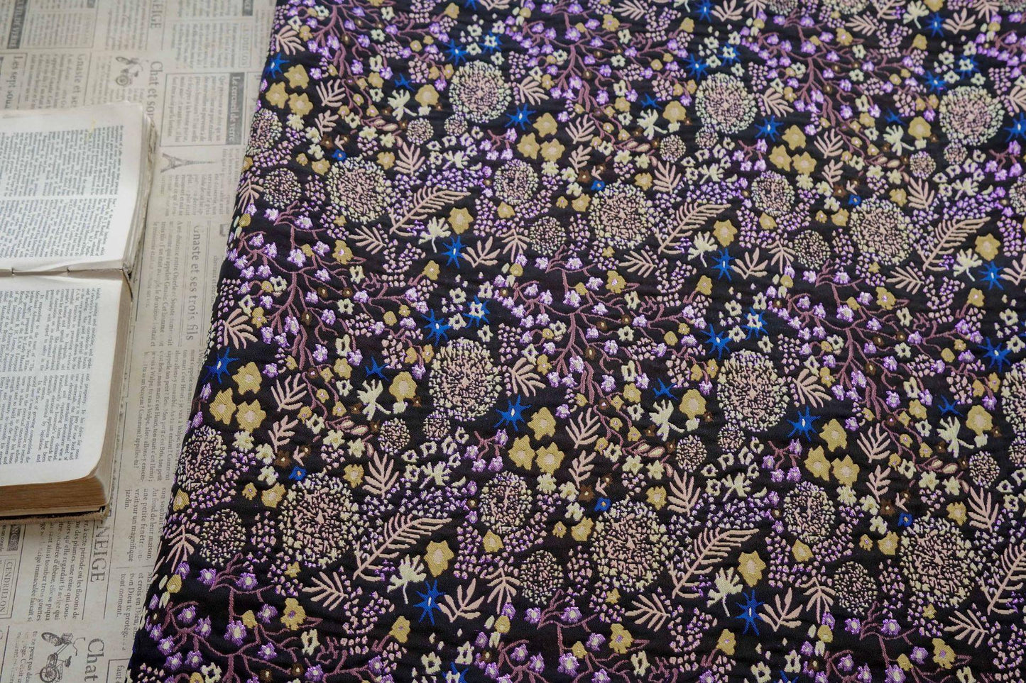 Black Floral Jacquard Fabric by the Yard: Botanical Garden, Purple Gold Multicolor Woven Brocade, 57"W Reversible, Dress, Coat, Home Decor