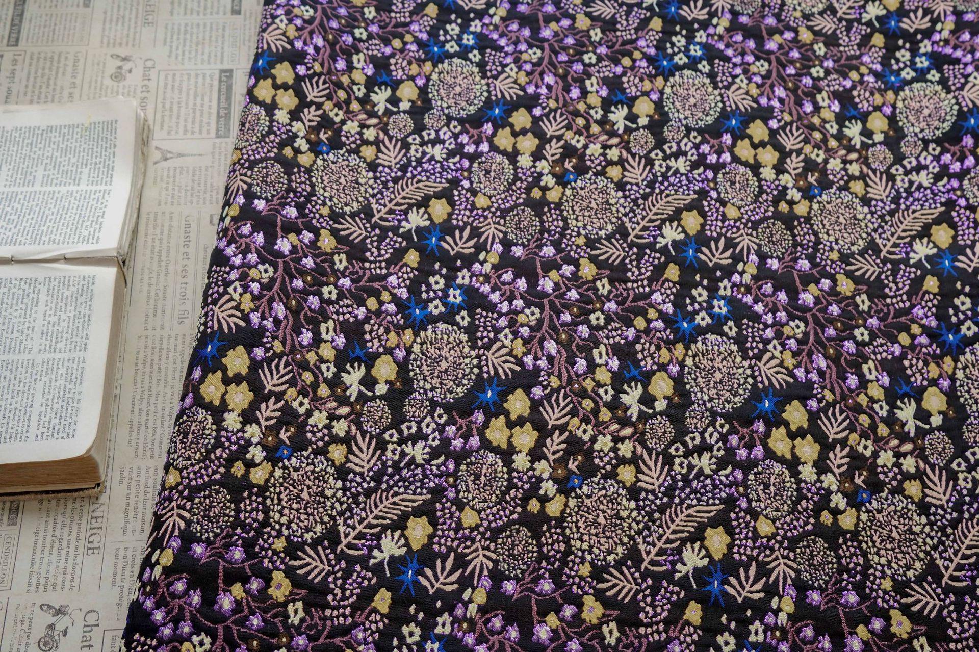 Black Floral Jacquard Fabric by the Yard: Botanical Garden, Purple Gold Multicolor Woven Brocade, 57"W Reversible, Dress, Coat, Home Decor