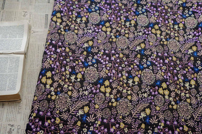 Black Floral Jacquard Fabric by the Yard: Botanical Garden, Purple Gold Multicolor Woven Brocade, 57"W Reversible, Dress, Coat, Home Decor