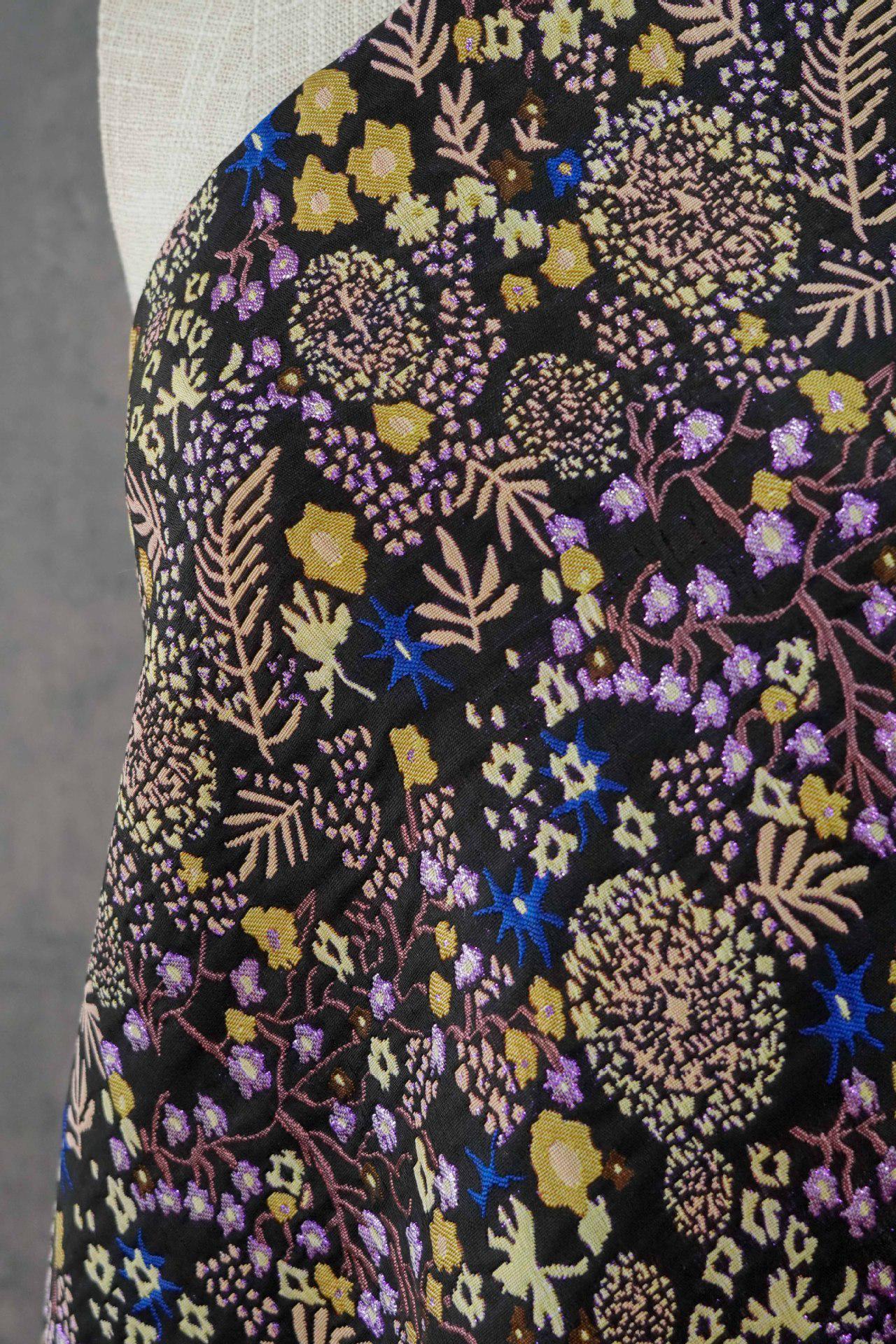 Black Floral Jacquard Fabric by the Yard: Botanical Garden, Purple Gold Multicolor Woven Brocade, 57"W Reversible, Dress, Coat, Home Decor