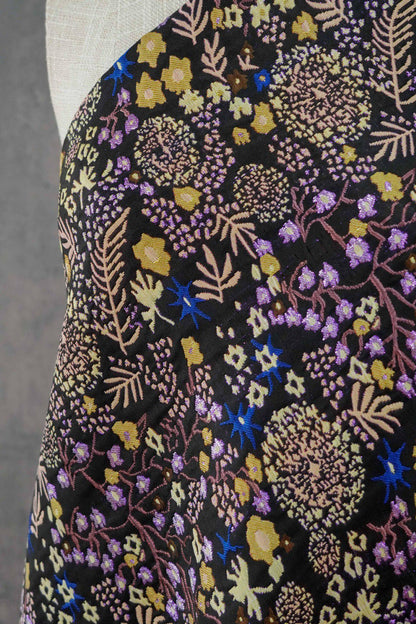 Black Floral Jacquard Fabric by the Yard: Botanical Garden, Purple Gold Multicolor Woven Brocade, 57"W Reversible, Dress, Coat, Home Decor