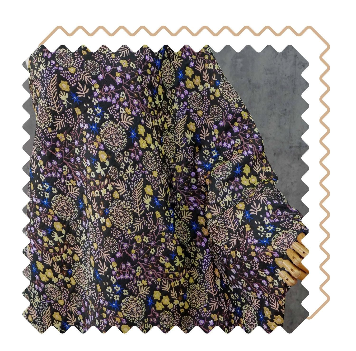 Black Floral Jacquard Fabric by the Yard: Botanical Garden, Purple Gold Multicolor Woven Brocade, 57"W Reversible, Dress, Coat, Home Decor