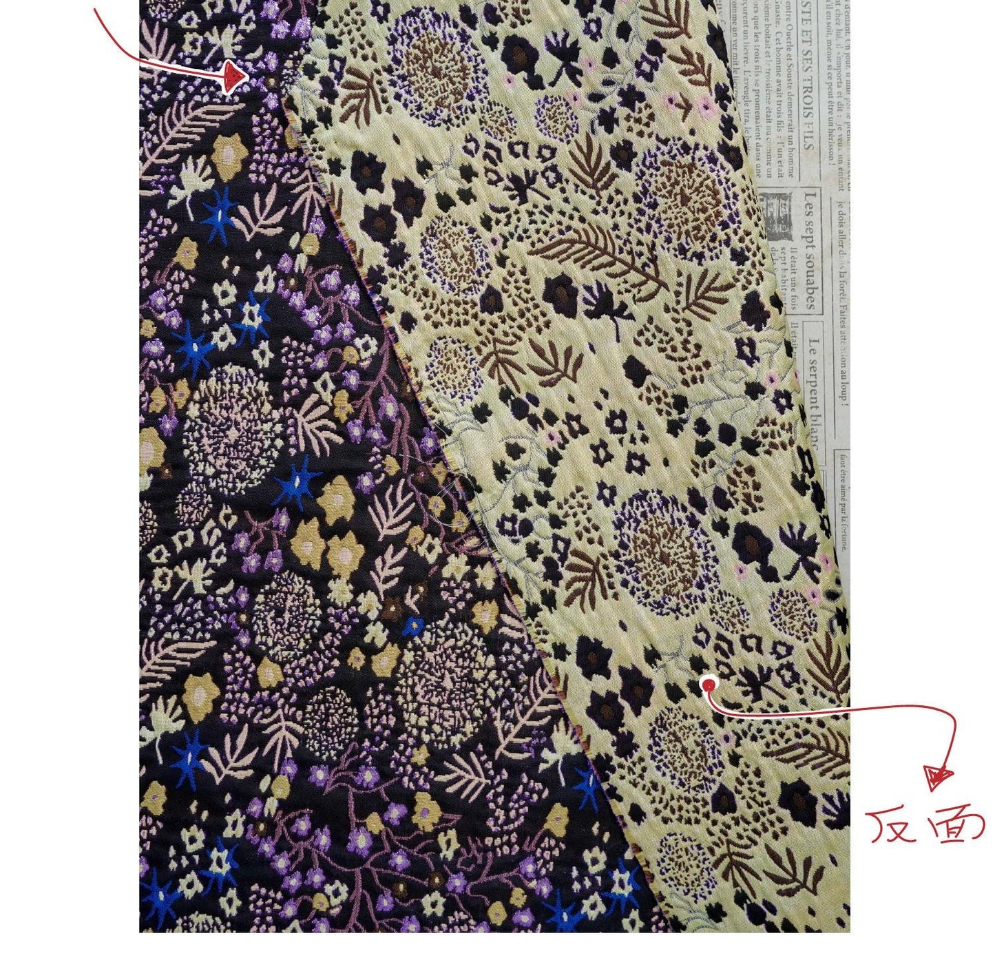 Black Floral Jacquard Fabric by the Yard: Botanical Garden, Purple Gold Multicolor Woven Brocade, 57"W Reversible, Dress, Coat, Home Decor