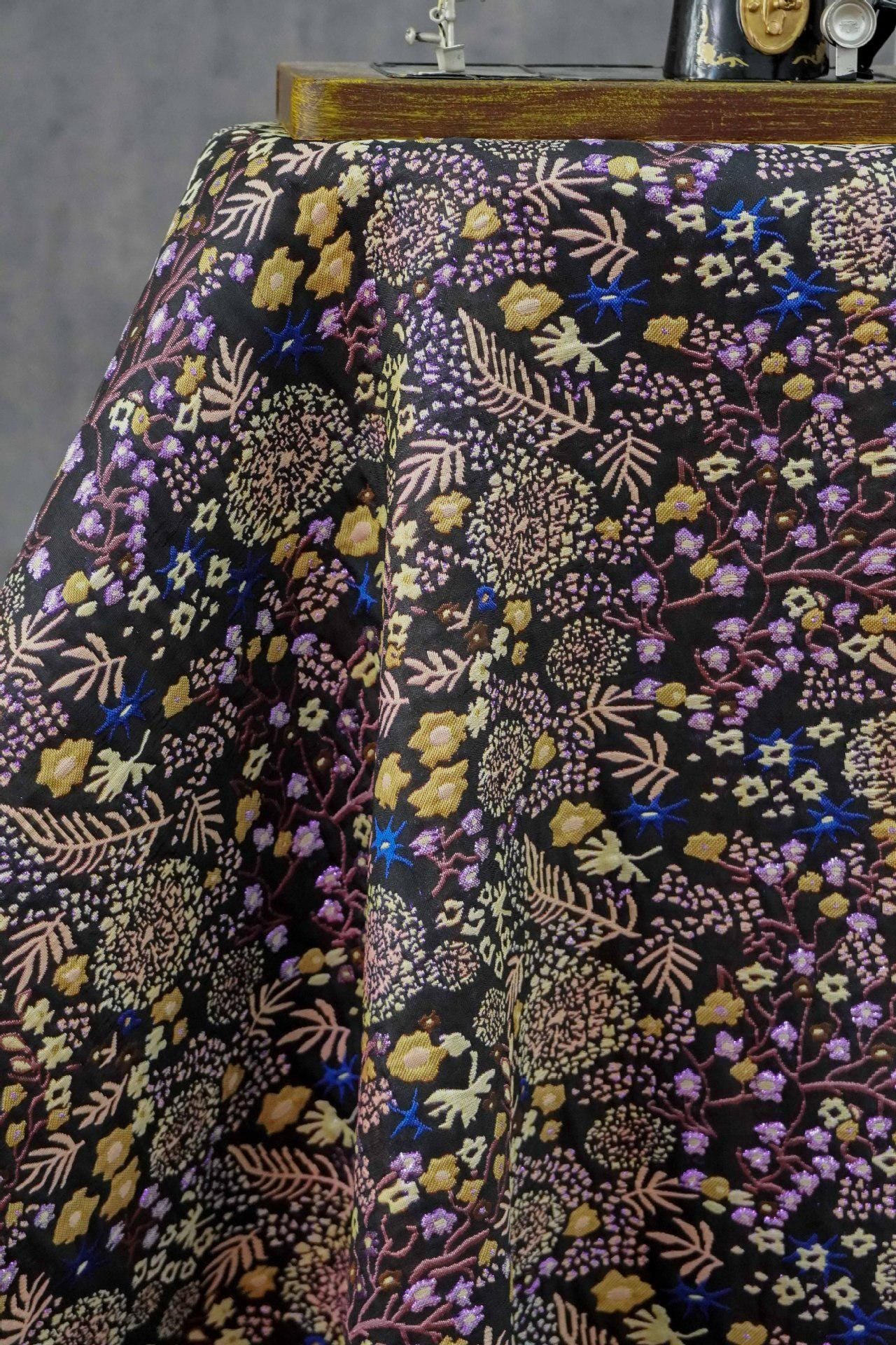 Black Floral Jacquard Fabric by the Yard: Botanical Garden, Purple Gold Multicolor Woven Brocade, 57"W Reversible, Dress, Coat, Home Decor