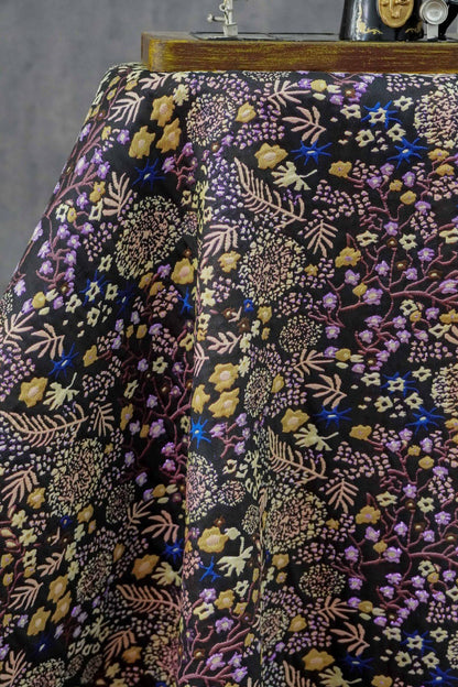 Black Floral Jacquard Fabric by the Yard: Botanical Garden, Purple Gold Multicolor Woven Brocade, 57"W Reversible, Dress, Coat, Home Decor