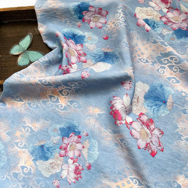 Blue Lotus Cotton Fabric by Yard, Oriental Floral Printed Textile, Soft Dress Fabric for Sewing Quilting Home Decor, 59"Wide