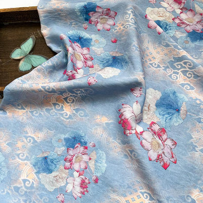 Blue Lotus Cotton Fabric by Yard, Oriental Floral Printed Textile, Soft Dress Fabric for Sewing Quilting Home Decor, 59"Wide