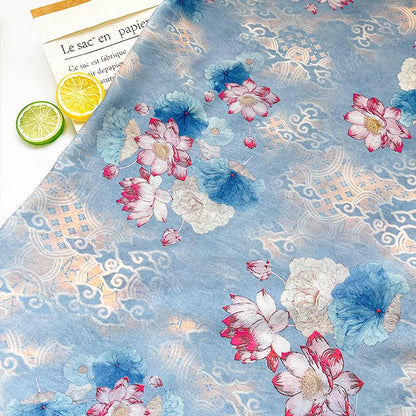 Blue Lotus Cotton Fabric by Yard, Oriental Floral Printed Textile, Soft Dress Fabric for Sewing Quilting Home Decor, 59"Wide