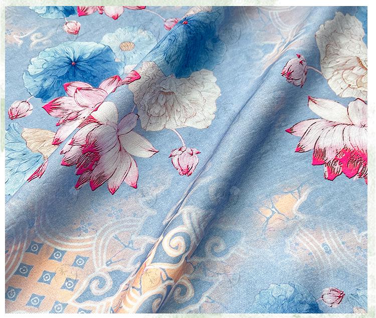 Blue Lotus Cotton Fabric by Yard, Oriental Floral Printed Textile, Soft Dress Fabric for Sewing Quilting Home Decor, 59"Wide