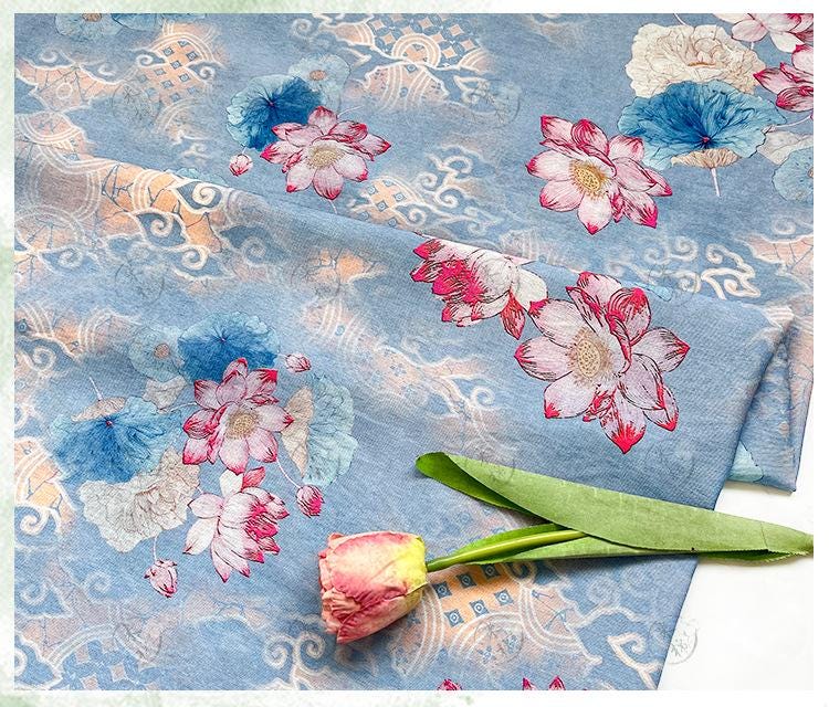 Blue Lotus Cotton Fabric by Yard, Oriental Floral Printed Textile, Soft Dress Fabric for Sewing Quilting Home Decor, 59"Wide
