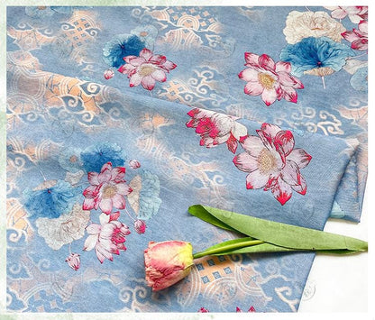 Blue Lotus Cotton Fabric by Yard, Oriental Floral Printed Textile, Soft Dress Fabric for Sewing Quilting Home Decor, 59"Wide